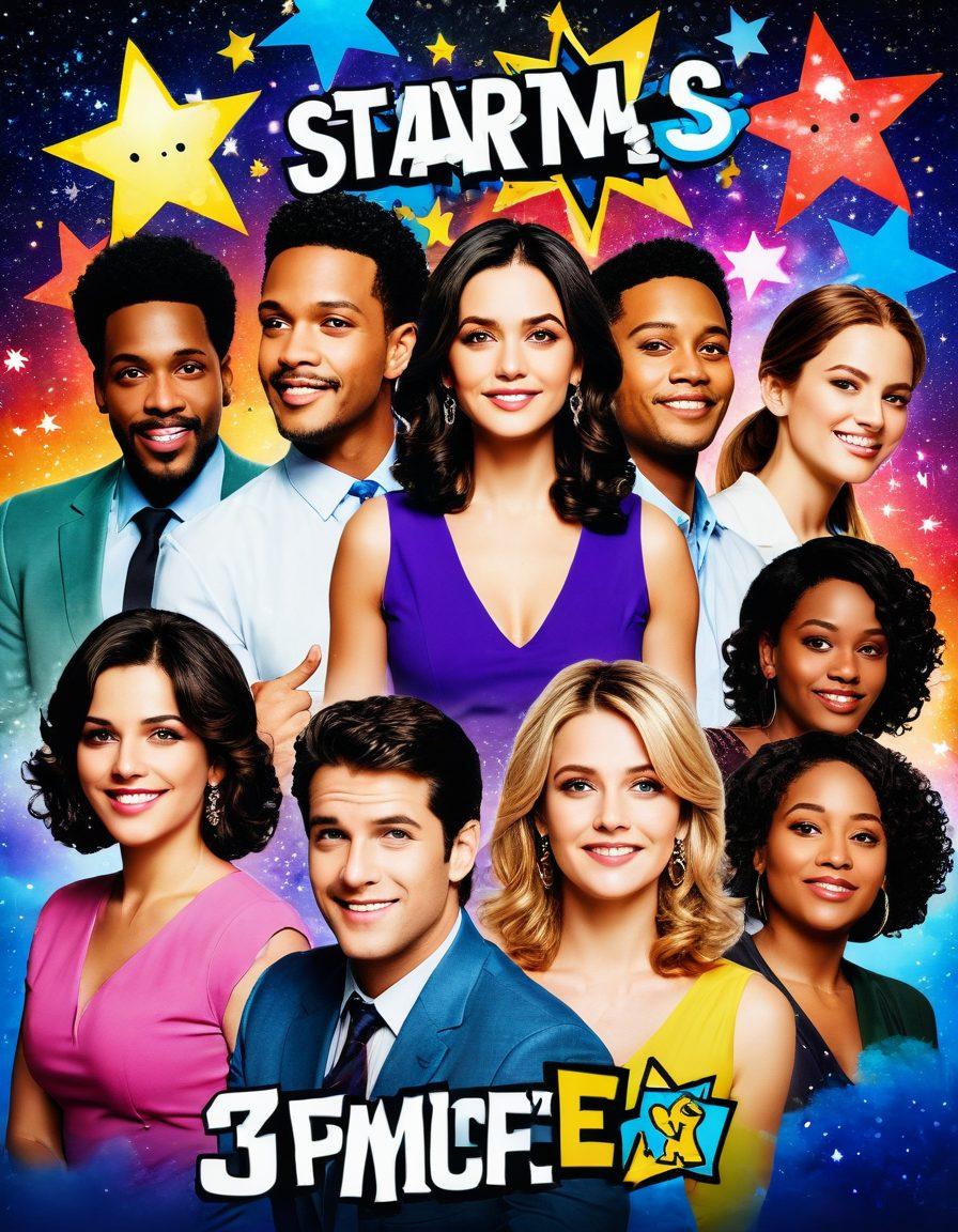 A dynamic collage featuring iconic Star Plus shows with their main characters in action, surrounded by vibrant speech bubbles showcasing popular episode reviews and ratings. The background should reflect the excitement of a television screen with starry accents, evoking a sense of entertainment. The colors should be bright and engaging, drawing viewers in with a sense of fun and drama. super-realistic. vibrant colors. 3D.