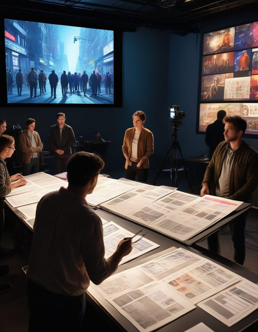 A cinematic view of a film set bustling with crew members, showcasing a director giving instructions to actors, with cameras, lights, and crew scattered around, hinting at exclusive behind-the-scenes moments. A storyboard and script pages are visible in the foreground, signifying detailed episode reviews. The atmosphere should be lively and immersive, capturing the essence of creativity in filmmaking. vibrant colors. super-realistic.