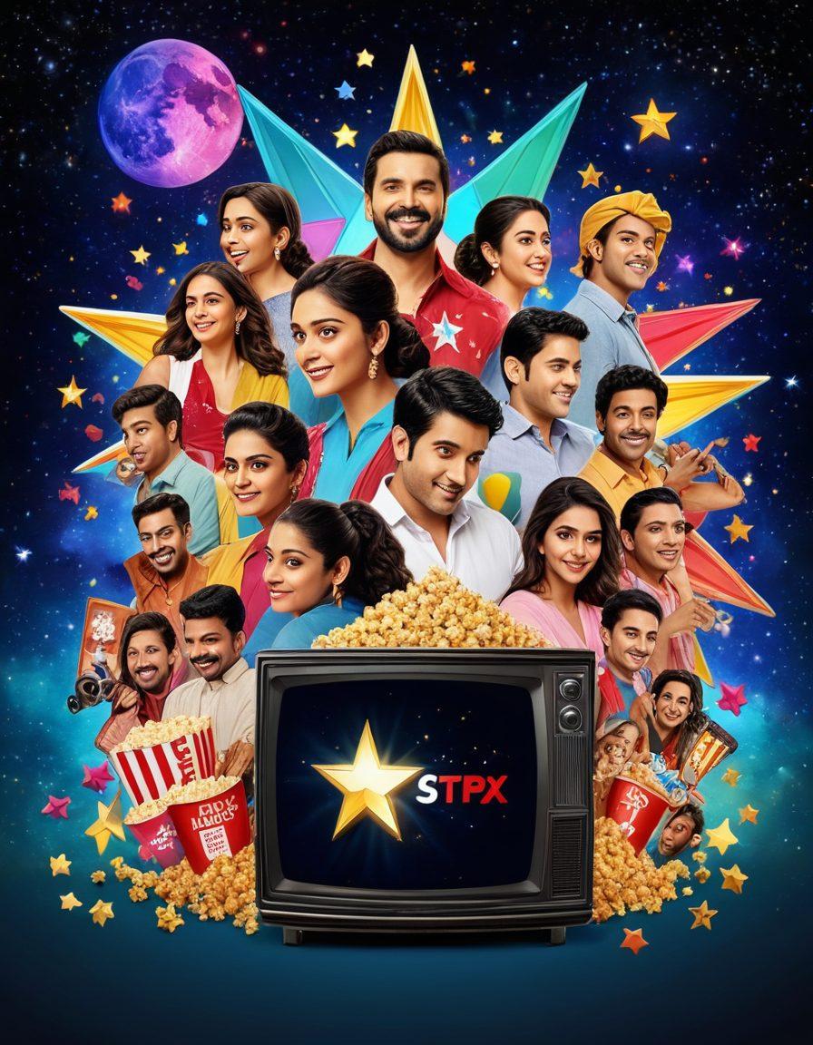 A colorful collage of popular Star Plus series characters engaged in dynamic poses, with a large TV screen displaying the Star Plus logo in the background. Include elements like popcorn and a remote to depict the viewing experience, surrounded by vibrant stars and a night sky to evoke excitement. Ensure a visually appealing blend of realism and artistic flair. super-realistic. vibrant colors. white background.